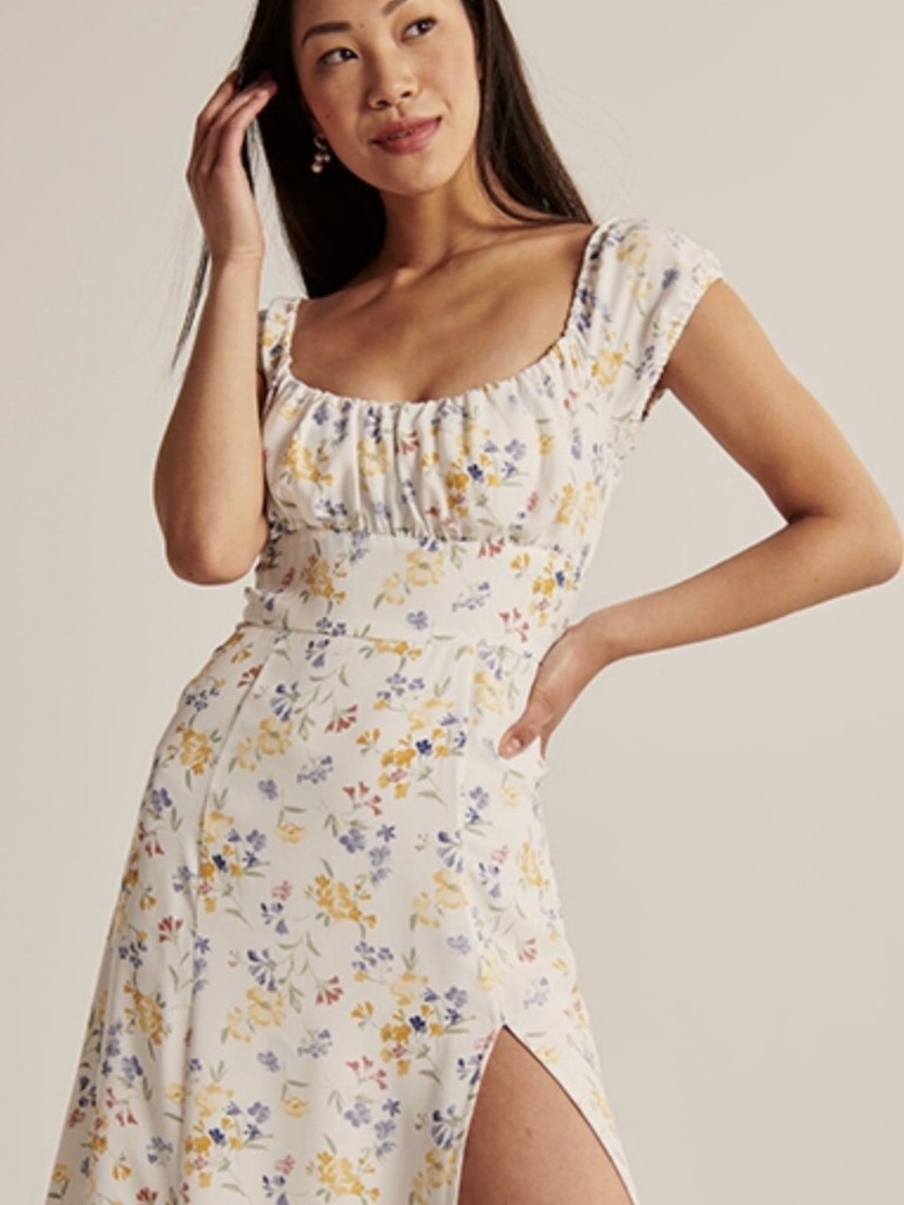Abercrombie & Fitch Cap Sleeve Floral Midi Dress with Yellow & Blue Accents